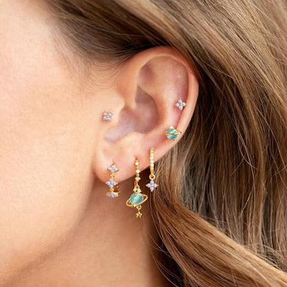 Sterling Silver Earrings Stacks for Women, Hypoallergenic Cartilage Earring | Dainty Stud Huggie Hoop Dangle Chain Earrings, 14K Gold/White Gold Plated - color: 6Pcs Gold Flower(Single Earring Not a Pair)