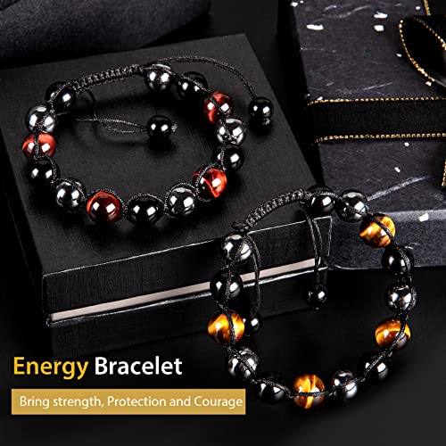 SAMXY Triple Protection Bracelet, 8mm Healing Crystal Bead Bracelet, 3pcs Blue Red Tiger's Eye Obsidian Hematite Bracelet Women Men - color: 2Pcs-10mm