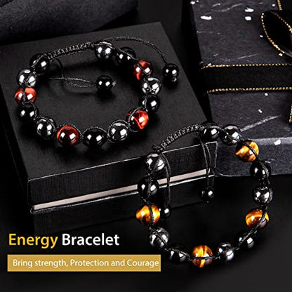 SAMXY Triple Protection Bracelet, 8mm Healing Crystal Bead Bracelet, 3pcs Blue Red Tiger's Eye Obsidian Hematite Bracelet Women Men - color: 2Pcs-10mm