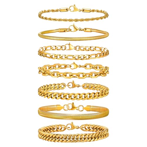 VNOX 5/7 Pcs Chain Bracelet for Men Women - Sturdy Stainless Steel Curb Width Cuban Link Chain Bracelet Set for Men Women,6.5/7/7.4/8.2/9 Inches - style: Gold Plated Link 2