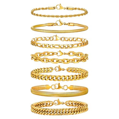 VNOX 5/7 Pcs Chain Bracelet for Men Women - Sturdy Stainless Steel Curb Width Cuban Link Chain Bracelet Set for Men Women,6.5/7/7.4/8.2/9 Inches - style: Gold Plated Link 2