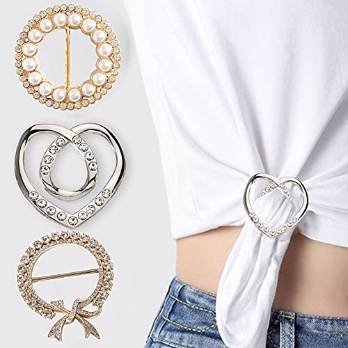 Scarf Tie Buckle Rings for Women,12PCS Metal Party T Shirt Pearls Rhinestone Clips,Clothes Corner Knotted Button for Women Girls Decorative Accessories TXZWJZ