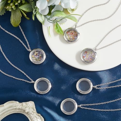 1 Box Stainless Steel 6Pcs Round Memory Locket Floating Memory Glass Necklace Chain Cubic Zirconia Cabochons Polished Keepsake Living Locket Necklace for Pendant Women Friendship Decoration - style: silver