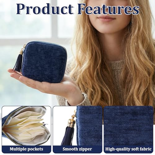Styquenzer 1 Pack Travel Jewelry Case Organizer, Small Zipper Pouch Bag for Women, Soft Chenille Anti-Scratch Portable Storage + for Earrings Necklace Rings (Dark Blue)