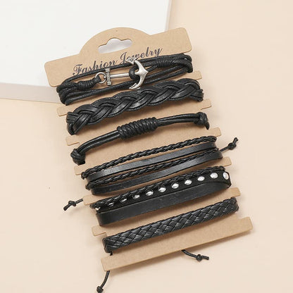Leather Cuff Bracelet for Men Women, Multilayer Braided Wristband, Adjustable 6.5-9.5 Inches Wrap Bracelets Punk Gothic Grunge - color: Anchor set - 6Pcs