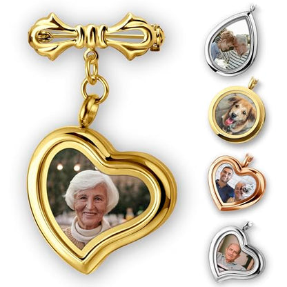 Personalized Photo Wedding Bouquet Charm, Double Sided Round Glass Photo Locket Pendant Pin Brooch, Handmade Memorial Picture Frame Bridal Shower Gift For Bride & Groom - color: Tilted Heart - Gold