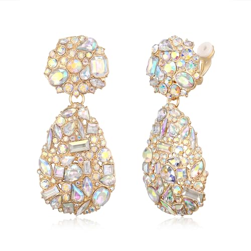 EVER FAITH Glamour Rhinestone Statement Clip-on Earrings, Fashion Chic Art Deco Sparkly Marquise Water Drop Crystal Dangle Earrings for Women - color: Iridescent AB Gold-Tone