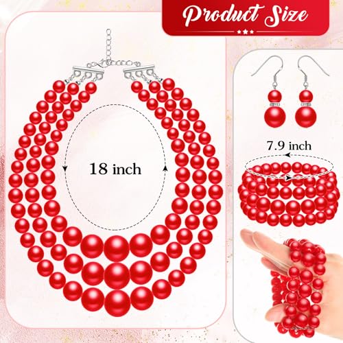 Haysandy Pearl Jewelry Set for Women 20s Jewelry Gift | Retro Layered Necklace Bracelet Earring, Costume Accessories for Derby Wedding Prom Party, Dress Matching Occasions - color: Red