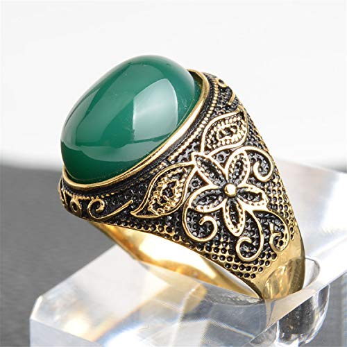 Retro Unisex Stainless Steel Oval Gemstone Hollow Flower Carved Signet Ring - color: Gold Black-Green