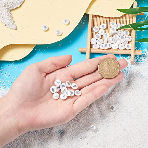 Craftdady 60Pcs Natural Shell Beads 8mm Flat Round with Brass Patterns Freshwater Shell Summer Beads with Turtle Butterfly Heart Owl for Ocean Beach Crafts Jewelry Making - color: Platinum 15 Patterns