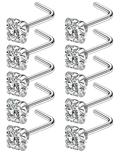 Cisyozi 18G Nose Rings Studs Hypoallergenic Nose Piercings 316L Surgical Steel Silver Nose Rings Set L Shaped Nose Nostril Piercing Jewelry for Women Men Diamond CZ 1.5mm 2mm 2.5mm 3mm 3.5mm 4mm - color: 18G - L Shaped -4mm