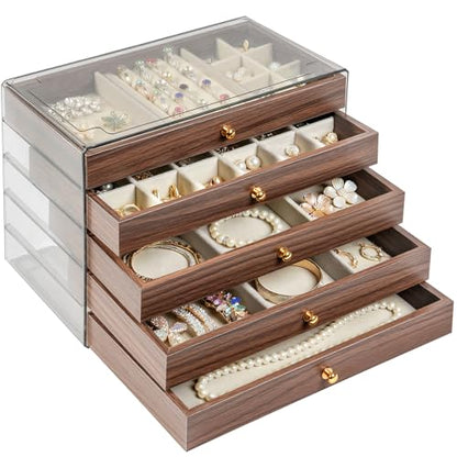 Wooden Jewelry Box for Women, 5-Layer Jewelry Organizers and Storage with 5 Drawers & Velvet Trays, Large Earring Holder, Necklace Ring Travel Case, Gift Box for Drawer, Wood - size: 5-Layer