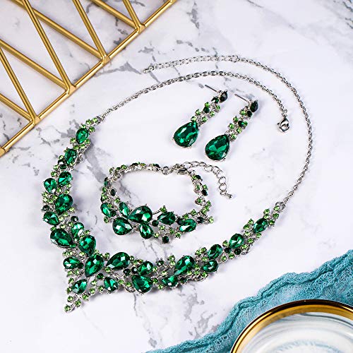 Wedding Bridal Jewelry Set for Women Bride Bridesmaids | Gorgeous Austrian Crystal Teardrop Cluster Statement Necklace Dangle Earrings Link Bracelet Set Prom Jewellery - color: 04-Emerald Color Silver-Tone
