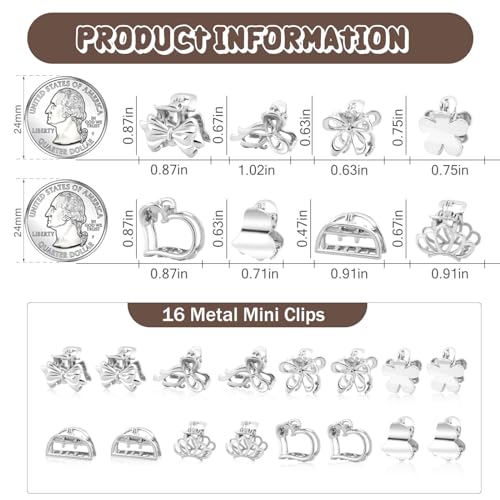 CWJCYTNSN 16PCS Small Metal Hair Claw Clips, Silver Mini Hair Clips for Thin Thick Hair, Cute Tiny Hair Clips, Little Flower Hair Jaw Clamps, Nonslip Bangs Pins Hair Accessories for Women Girls - color: Silver