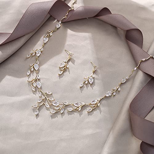 Cubic Zirconia Leaf Vine Wedding Jewelry Set for Bride Women Bridesmaid | Pear-Shaped Birthstone, Necklace Dangle Earrings for Bridesmaid, Silver-Plated-Brass - color: 2pcs_Clear Gold-Plated-Brass