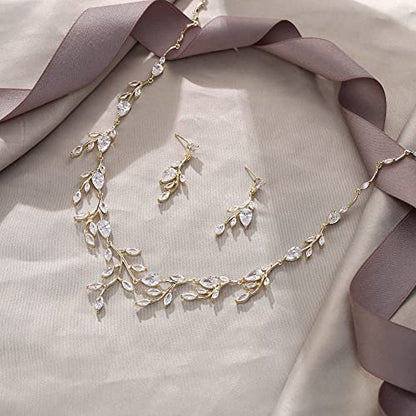 Cubic Zirconia Leaf Vine Wedding Jewelry Set for Bride Women Bridesmaid | Pear-Shaped Birthstone, Necklace Dangle Earrings for Bridesmaid, Silver-Plated-Brass - color: 2pcs_Clear Gold-Plated-Brass