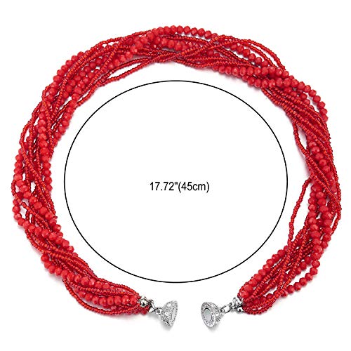 COOLSTEELANDBEYOND Multi-Layer Beads Crystal Braided Chain Choker Collar Magnetic Clasp,Statement Necklace, Bracelet - color: A1-Necklace Red Color