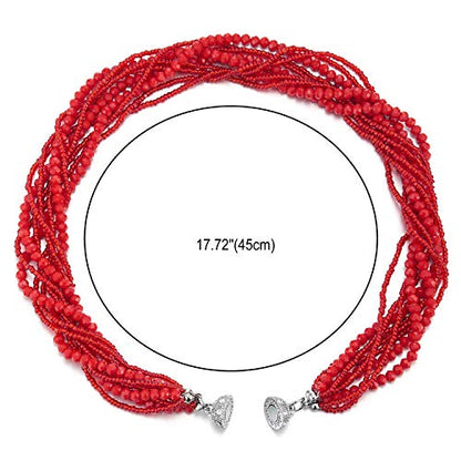 COOLSTEELANDBEYOND Multi-Layer Beads Crystal Braided Chain Choker Collar Magnetic Clasp,Statement Necklace, Bracelet - color: A1-Necklace Red Color