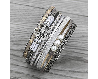 Fesciory Leather Wrap Bracelet for Women, Boho Western Layered Cuff Jewelry | Stackable Bracelets, Easy-On Clasp, Daily Wear, Pairs with Boho Western Outfits, Gift for Women - color: Grey1