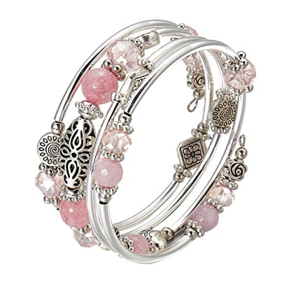 FULU AUTUMN Stackable Beaded Bracelets for Women Boho Wrap Silver Bracelet Layered Fashion Jewelry Gifts for Her - color: Pink