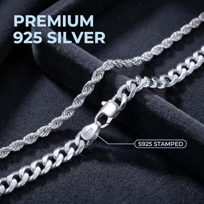 S925 Sterling Silver 6mm Cuban Link Chain Bracelets for Men,2.5mm Rope Chain Mens Bracelet Set for Men's&woman,Trendy hip-hop stacking Chain Gift Boyfriend/Girlfriend,Non Tarnish Hypoallergenic - style: Silver Rope chain + Cuban link
