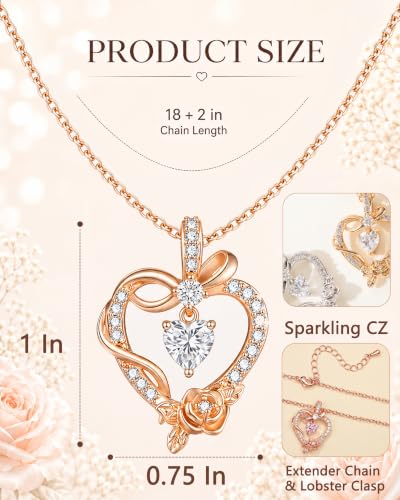 Heart Birthstone Necklace, LED Gift Box | Heart birthstone necklace with rose CZ pendant and LED gift box, ready-to-gift birthday gift for mom, wife, grandma, sister - color: Rose Gold 08-Aug Olive Green