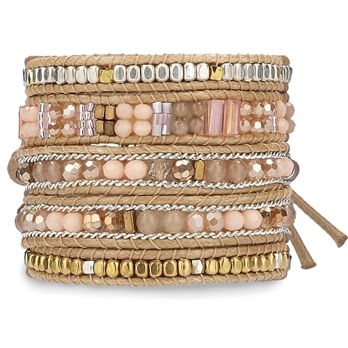 Bracelet for Women – Handmade Vegan Boho Natural Stone Layered Bracelet, Thailand Bohemian Stackable Beaded Wrap Bracelets, Summer Hippie Bracelet Stack, Fashion Jewelry Gifts - color: A21-Sand
