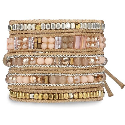 Bracelet for Women – Handmade Vegan Boho Natural Stone Layered Bracelet, Thailand Bohemian Stackable Beaded Wrap Bracelets, Summer Hippie Bracelet Stack, Fashion Jewelry Gifts - color: A21-Sand