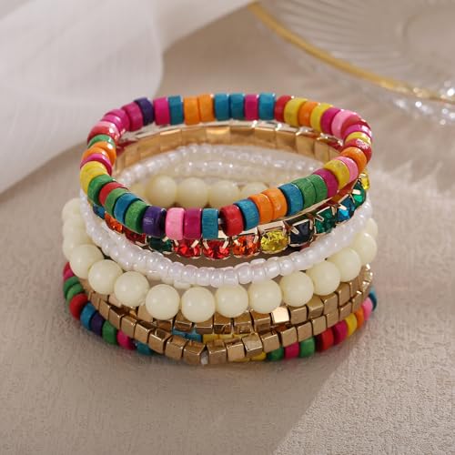 LUREME Boho Multi Strand Stackable Stretch Bracelet Set Wooden Cube Alloy Bead Bangle bl003172 - color: Multi Color