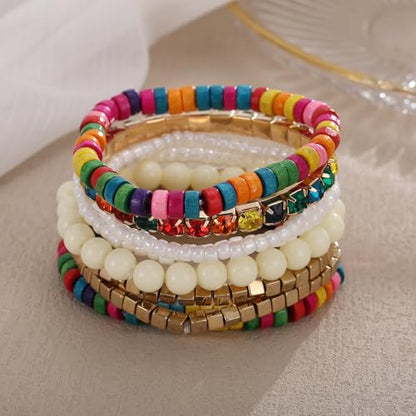 LUREME Boho Multi Strand Stackable Stretch Bracelet Set Wooden Cube Alloy Bead Bangle bl003172 - color: Multi Color