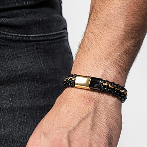 SERASAR | Premium Genuine Leather Bracelet [Steel] for Men in Black | Magnetic Stainless Steel Clasp in Black, Silver and Gold | Exclusive Jewellery Box | Great Gift Idea - color: Gold/Black, size: 17cm