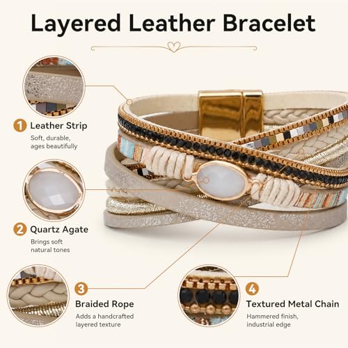 Vercret Leather Wrap Bracelet for Women, Multi-Layer Cuff Bangle | Boho Stacked Bracelets with Safe Clasp Western Bangle Jewelry Gift for Lady and Mom Sister Friend - style: Khaki
