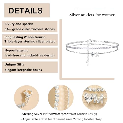 Heart Initial Silver Anklets for Women Waterproof Dainty Silver Plated ankle bracelets for women Large Ankle Women's Anklets Tennis ankle bracelets Non Tarnish Summer Beach Foot Jewelry - style: Silver-X