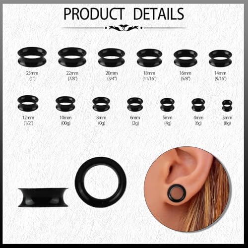 16Pcs Silicone Ear Gauges 8G-25mm Flexible Ear Tunnels Gauges Soft Expander Stretching Ear Plugs Tunnels Black & White & Clear Earring Piercings Jewelry for Men Women - color: Black, size: 00G(10mm)