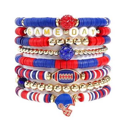Ardorchid Halloween Bracelets for Women Pumpkin Ghost Steleton Bat Skull Beaded Stackable Stretchy Bracelet Rugby Thanksgiving Christmas Heishi Bracelets - color: Game Day-Blue&Red