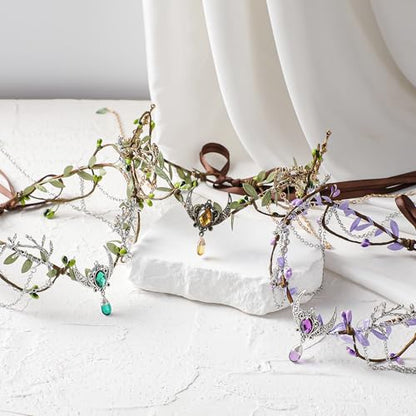 MOSTORY Woodland Elf Crown for Women - Medieval Elf Headpiece with Tassel for Renaissance Renfaire Fae Cosplay Viking Outfit - color: Purple-silver