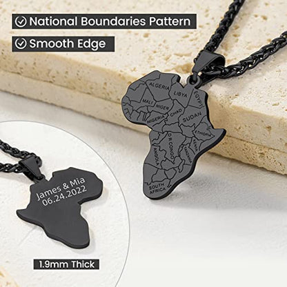GOLDCHIC JEWELRY Africa Map Necklace for Men, Stainless Steel African Tribal/Egyptian Eye of Horus/I LOVE AFRICA/Elephant Map Hiphop Jewelry Unisex with 22'+2'Adjustable Chain - color: Africa Map - Black, style: Personalised Engraving