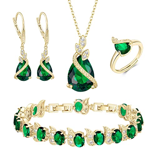 Jewelry Set for Bride, Sparkling Water Drop Cubic Zirconia Crystal Pendant Necklace Leverback Earrings Tennis Bracelet Adjustable Ring Gift for Wedding/Birthday/Mother's Day/Christmas - color: 11-Emerald Color Gold-Plated-Brass