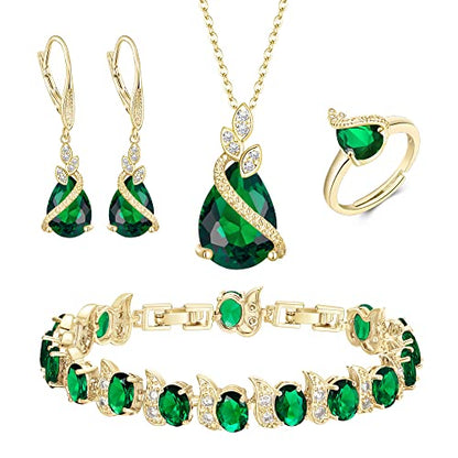 Jewelry Set for Bride, Sparkling Water Drop Cubic Zirconia Crystal Pendant Necklace Leverback Earrings Tennis Bracelet Adjustable Ring Gift for Wedding/Birthday/Mother's Day/Christmas - color: 11-Emerald Color Gold-Plated-Brass