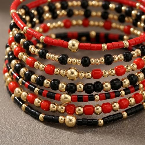 Colorful Stackable Rice Small Mini Seed Beaded Bracelets Set For Women, Handmade Dainty Boho Gold Glass Stretch Accessories Jewelry,Summer Beach Party Daily Friendship Gift - color: 8Pcs Black Red