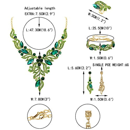 EVER FAITH Bridal Wedding Marquise Crystal Leaf Cluster Statement Y-Shaped Necklace Earrings Bracelet Ring Set for Prom - color: Green Black-Tone