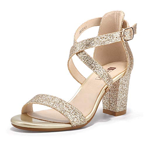 IDIFU Women's Navy Blue Strappy Chunky Block Heels Open Toe Heeled Sandals | Dressy Cross Strap 3 Inch High Thick Heel, Comfortable Dress Shoes for Women Wedding Bridal Prom Evening Homecoming Formal - color: Gold Sparkle, size: 5