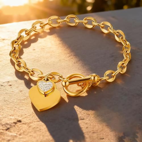 Heart Charm Bracelet Plated 18K Gold/Silver/Rose Gold Bible Scripture Heart Bracelet for Women Jewelry Gift Zircon Her Link Chain OT Clasp Stainless Steel Birthday - color: Gold-Zircon, size: 7.1 inch