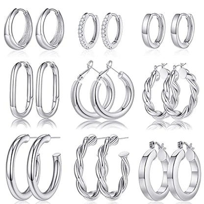 9 Pairs Gold Hoop Earrings for Women, 14K Real Gold Plated Chunky Hoop Earrings Set for Women Hypoallergenic Thick Lightweight Earring for Womens Jewelry Gifts - color: White Gold-Plated