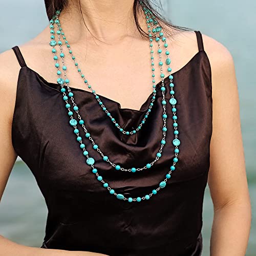 Firstmeet Long Chain Multi Layer Fashion Glass Beads Handmade Necklace for Women - color: Tur