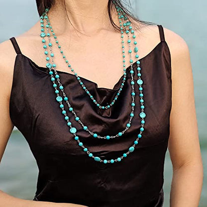 Firstmeet Long Chain Multi Layer Fashion Glass Beads Handmade Necklace for Women - color: Tur