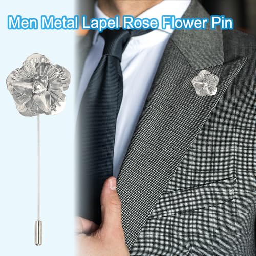 PATIKIL Lapel Pin for Men, Men Formal Metal Lapel Pin Floral Lapel Stick Brooch Rose Flower Pin for Wedding Banquet Event Suit, Silver