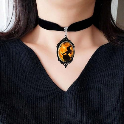 Gothic Mystery Witch Jewelry Set for Women Black Velvet Victorian Choker Necklace Vintage Crystal Glass Cameo Earrings Halloween Fashion Gift - style: Moom