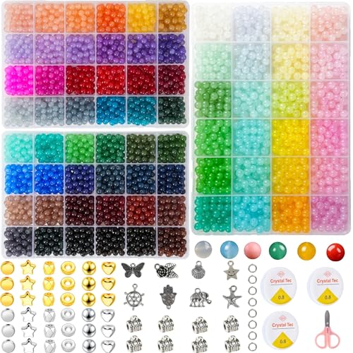 REVKI 72 Colors 6mm Glass Beads for Jewelry Making,3000PCS+ Round Crystal Glass Beads Bracelet Making Kit with Accessories, Bead Starter Kit Crafts Gifts Set Suitable for Teen Adults
