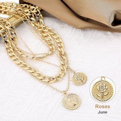 MJartoria Gold Layered Necklaces for Women Trendy Retro Birthflower Coin Pendant Necklace Dainty Chunky Chain Choker Necklaces for Jewelry Birthday Gifts - color: Golden, style: June Birthflower-Rose